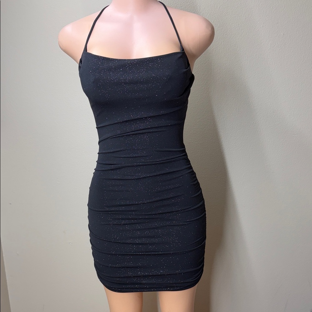 Windsor Black Sparkle Halter Ruched Mini Dress